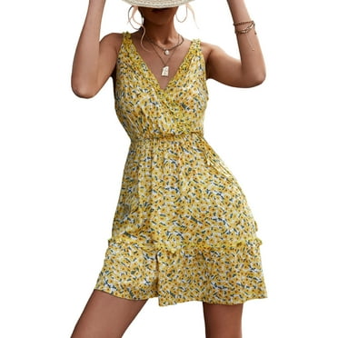 Bienvenido Women Sleeveless Floral Dress Ruffles Hem Backless Wrap V Neck Short Dress for Summer Wear White Yellow M