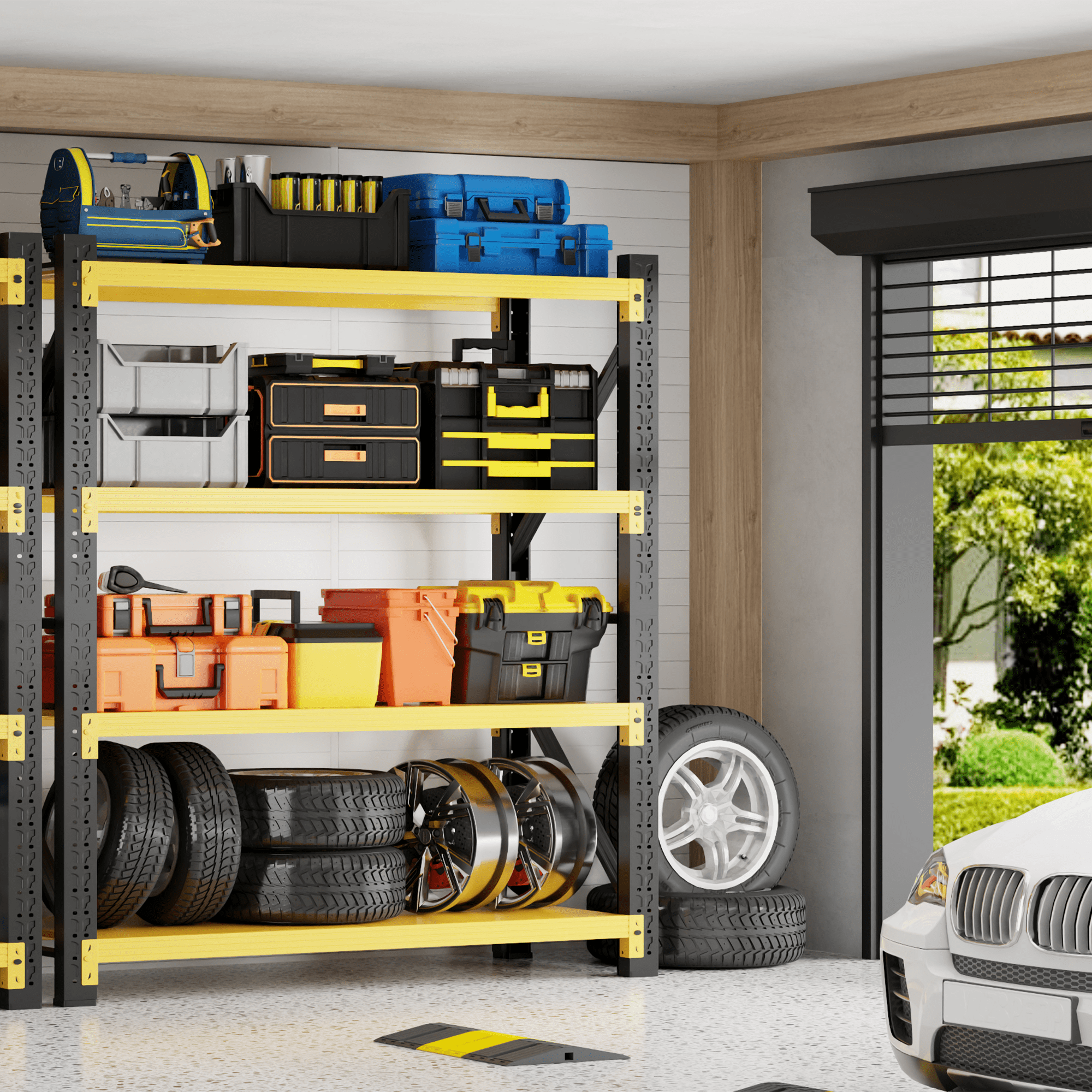 48" W Garage Shelving 3000LBS Garage Shelving Heavy Duty 4-Tier Metal Storage Shelves Adjustable Shelf Unit Storage Rack for Basement Supermarket Warehouse 48" W x 24" D x 78" H Yellow