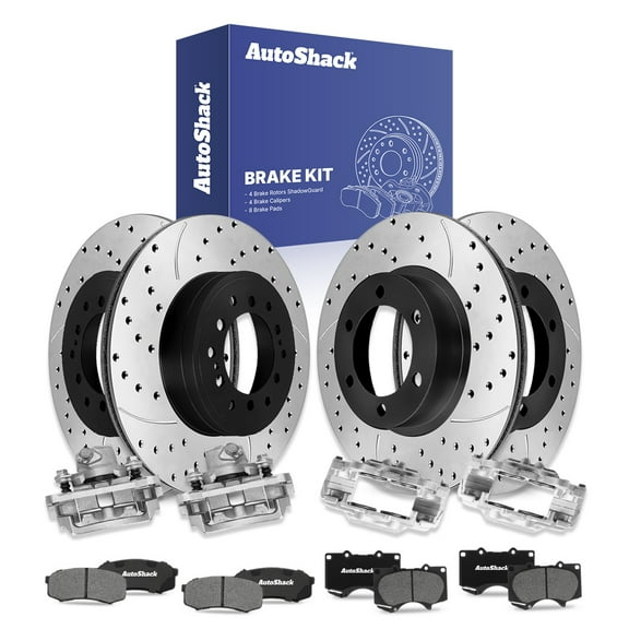 AutoShack Front & Rear Brake Rotors, Ceramic Pads & Calipers for Toyota, FJ Cruiser 2010-2014, 4WD RWD V6 4.0L - E-Coated Drilled & Slotted - ShadowGuard