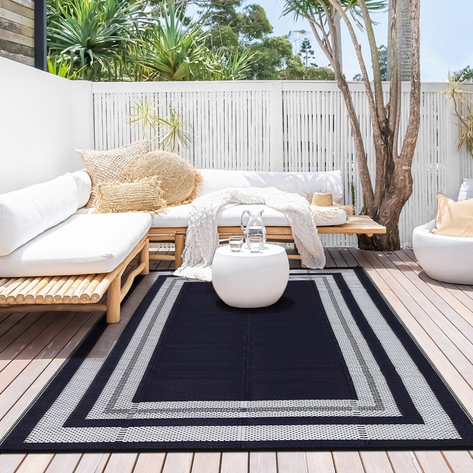 Haperlare Modern Bordered Outdoor Rug, 9'x12' Waterproof Reversible Patio Rug Plastic Straw Rug Outdoor Camping Carpet for RV Porch, Backyard, Deck, Picnic, Beach, Dark Blue