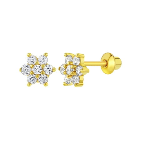 - 18k Gold Plated Clear Crystal Flower Toddler Baby Girls Screw Back Earrings