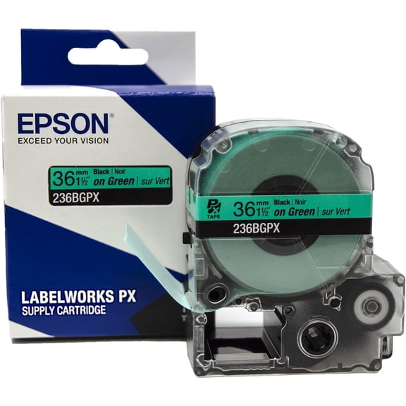 Epson LABELWORKS 236BGPX - Black on Green PET Label Maker Tape - 1.5" (36MM) Wide, 30'