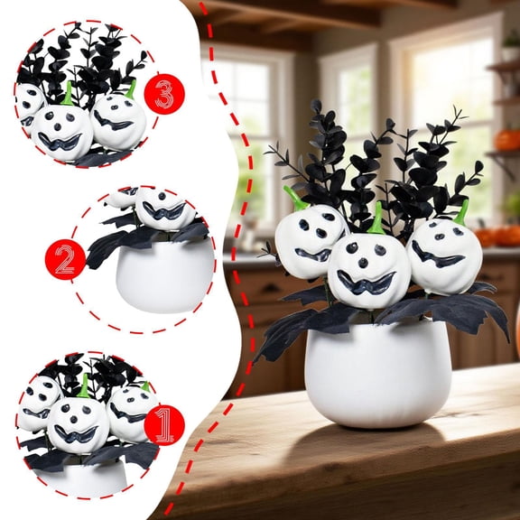 Abbraccia Halloween Pumpkin Table Centerpiece Artificial Pumpkin Potted Plant Halloween Tabletop Decoration for Festival Kitchen Party White