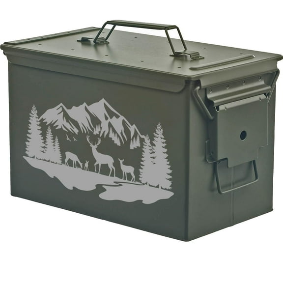 Steel Ammo Can Storage Box Ammunition Case Deer Mountain Forest River Scene (50cal, Green)
