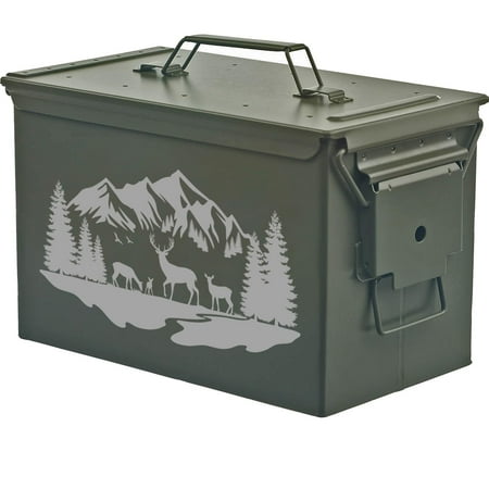Steel Ammo Can Storage Box Ammunition Case Deer Mountain Forest River Scene (50cal Green)