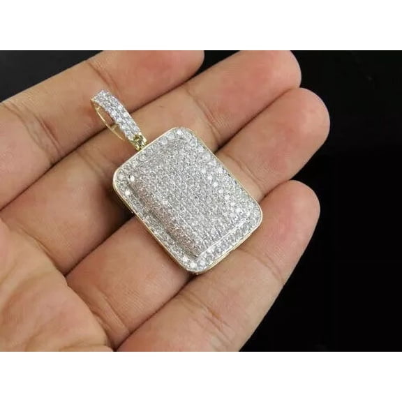 Men's 2Ct Round Cut Lab Created Diamond Cluster Dog Tag Pendant in 14k Yellow Gold Plated