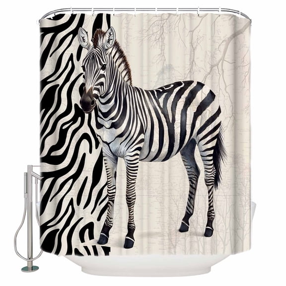 Shower Curtain Bathroom Set Zebra Black Stripe Animal Portrait Waterproof Fabric Shower Curtains with Grommets&Hooks Vintage Tree Branch Privacy Bath Curtain for Bathtub 36x72in