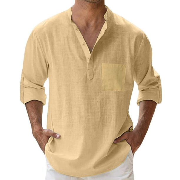 Camisas Para Hombre Manga Larga Camisa de manga larga con bolsillo de color solido y cuello suelto para primavera y verano para hombre Khaki 3XL Bodega Aurrera en linea