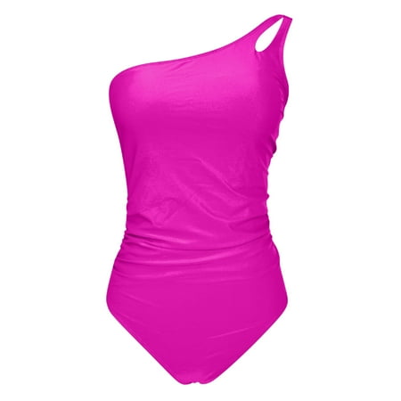 Aayomet Women Tummy Control One Piece Swimsuit Mesh One Shoulder Bathing Suit (Hot Pink  S)