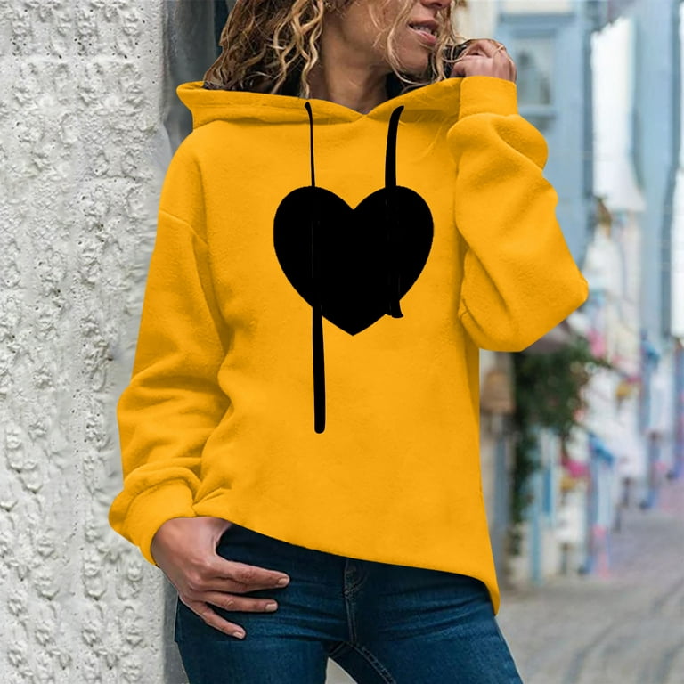 KIJBLAE Discount Women's Fashion Sweatshirt Pocket Drawstring Pullover Tops  Heart Graphic Print Casual Comfy Womens Hoodie Sweatshirt Trendy Clothes  for Women Yellow XXXL 