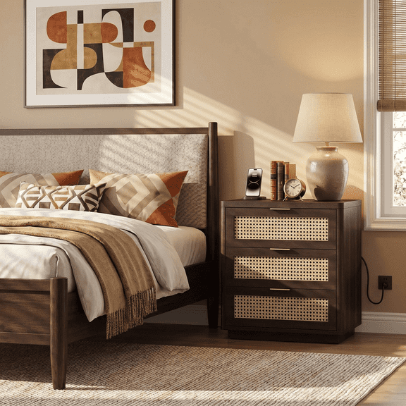Biemlerfn Nightstand with Charging Station, 3 Drawers Bedside Table, Rattan End Table, Farmhouse Side Table for Bedroom, Living Room, Brown
