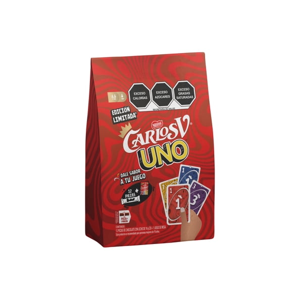 Chocolate con Leche Carlos V Bolsa con 12 pzas de 18 g c/u + Juego UNO Edición Carlos V