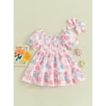 thumbnail image 2 of Bagilaanoe Little Girl Matching Sister Set Short Sleeve Shirred Romper + Square Neck Puff Sleeve Flower Dress with Headbands Summer Outfit, 2 of 9