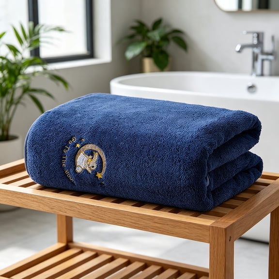 Soft Fleece Embroidered Bath Towel, Quick Dry Water Absorbent Lint-Free Towel for Home Gym Beach Use,Dark Blue