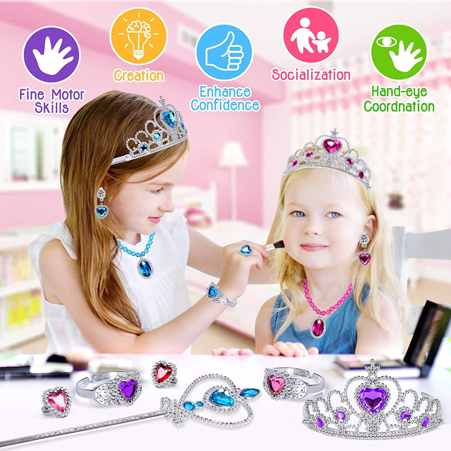 Freedo Princess Dress Up Accessories Gloves Tiara Crown Wand Necklaces Presents For Kids Girls 9 Pcs Blue