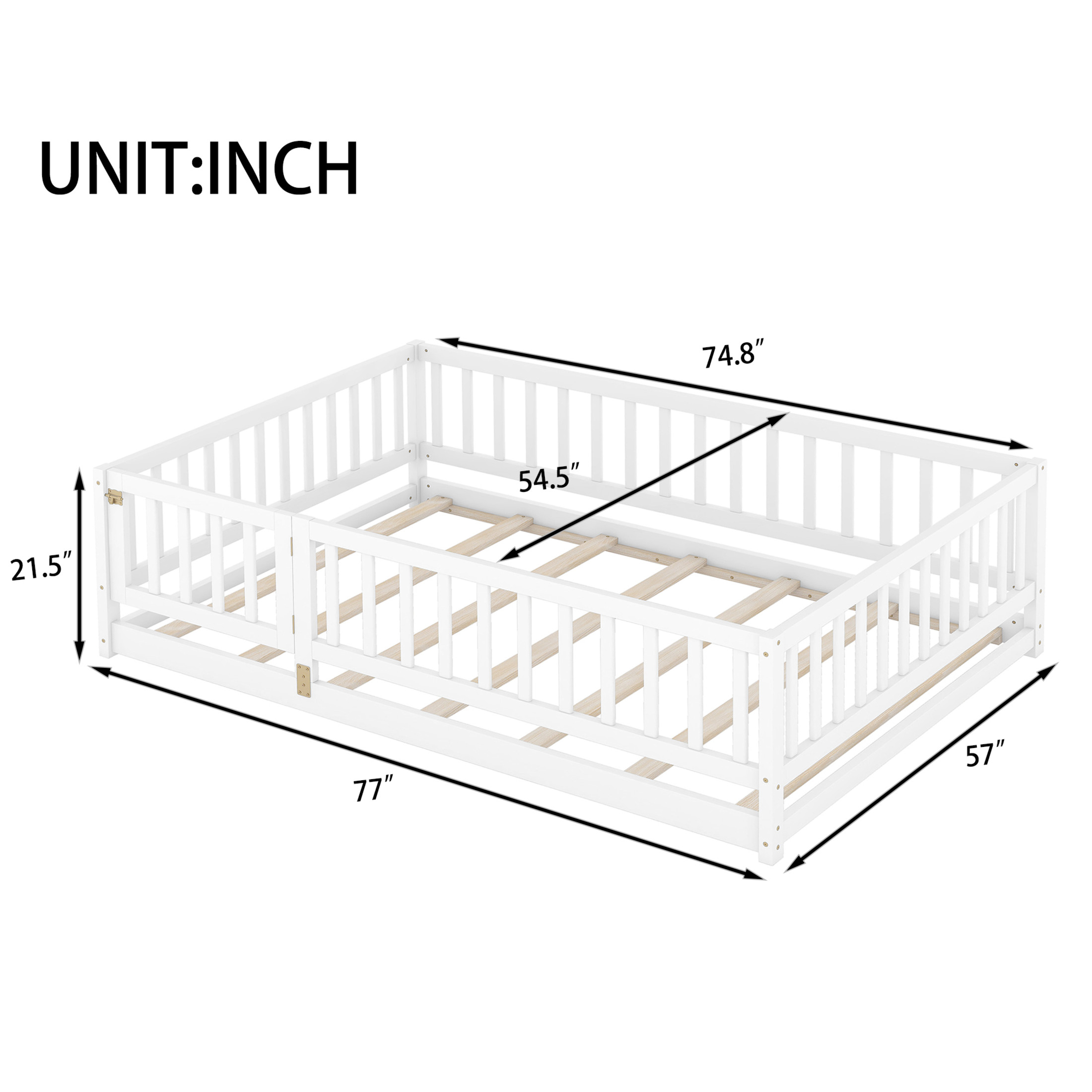 Noble House Full Size Montessori Floor Bed with Fence & Door, Wooden Kids Floor Bed with Slats, White