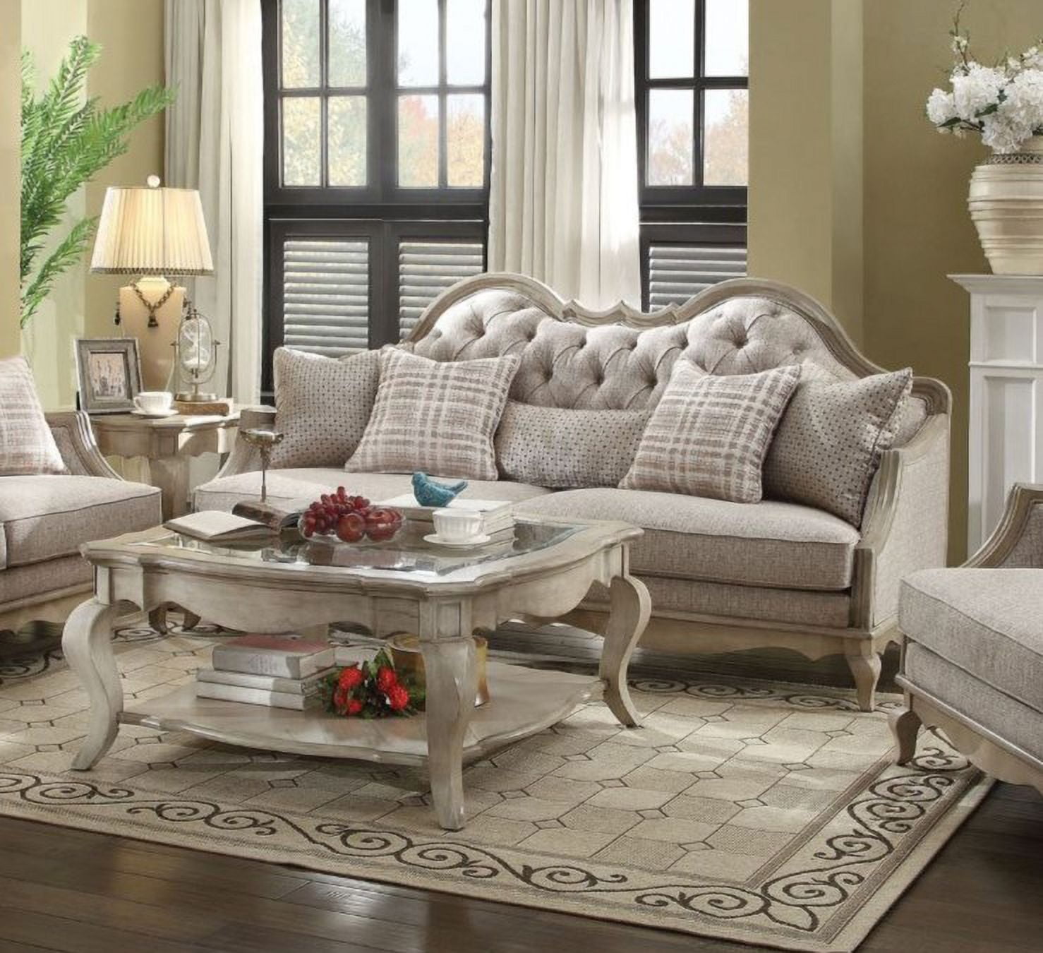 Antique Taupe Finish Tufted Seat Back 2pc Sofa Set Formal