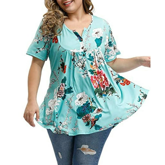 Abcnature Women's Plus Size Henley V Neck Floral Print Tunic Tops Casual Short Sleeve Blouse Shirts Green XL