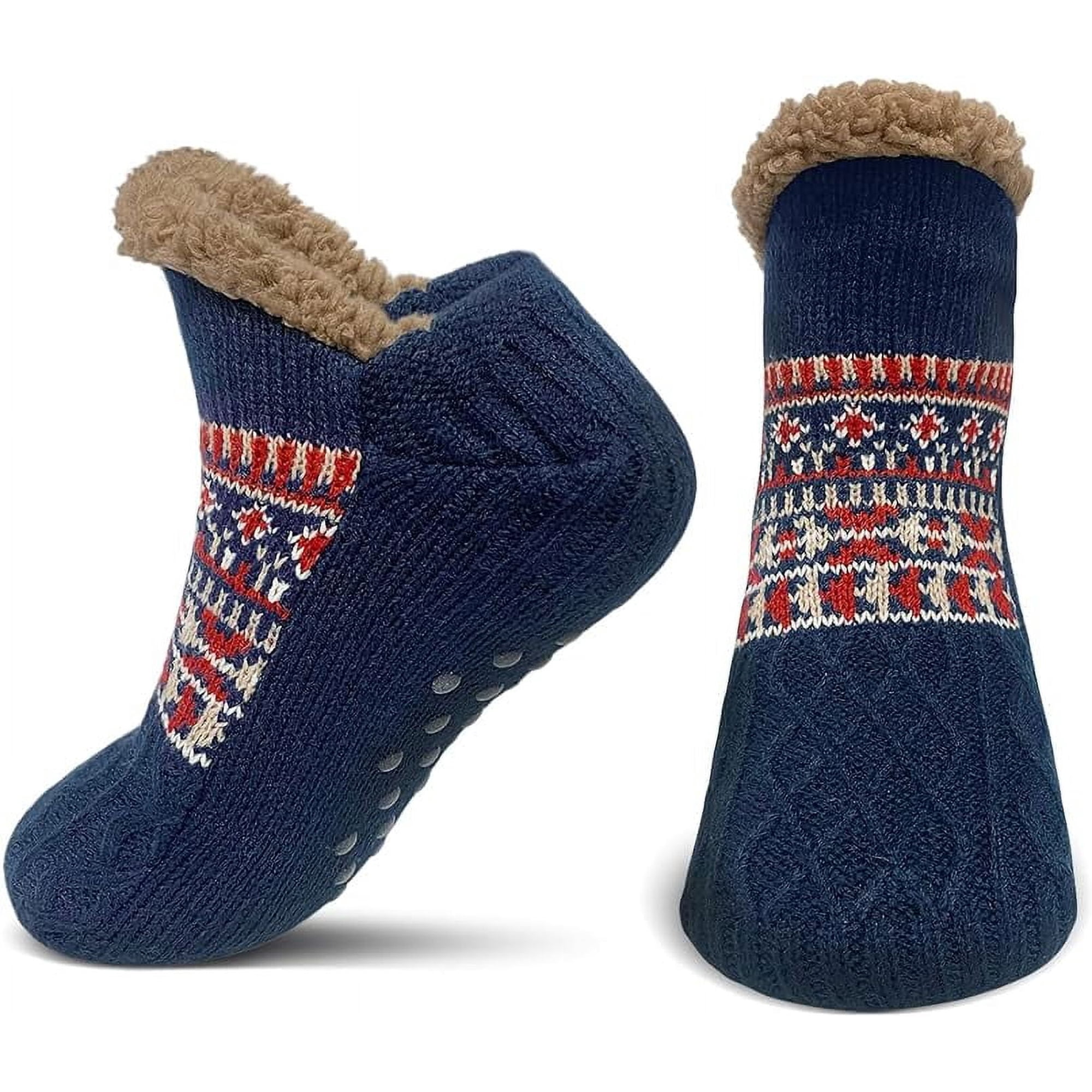 AMITOFO Slipper Socks for Men Thick Thermal Fuzzy Socks Winter Soft Warm Fleece Fluffy Socks with Non Skid Gripper Christmas Gift,Navy Blue Size 11-13