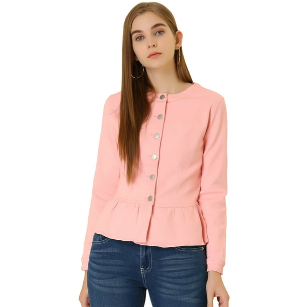 Chaqueta de mezclilla con cuello redondo y botones de manga larga con volante recortado y peplum para mujer Rosa claro M