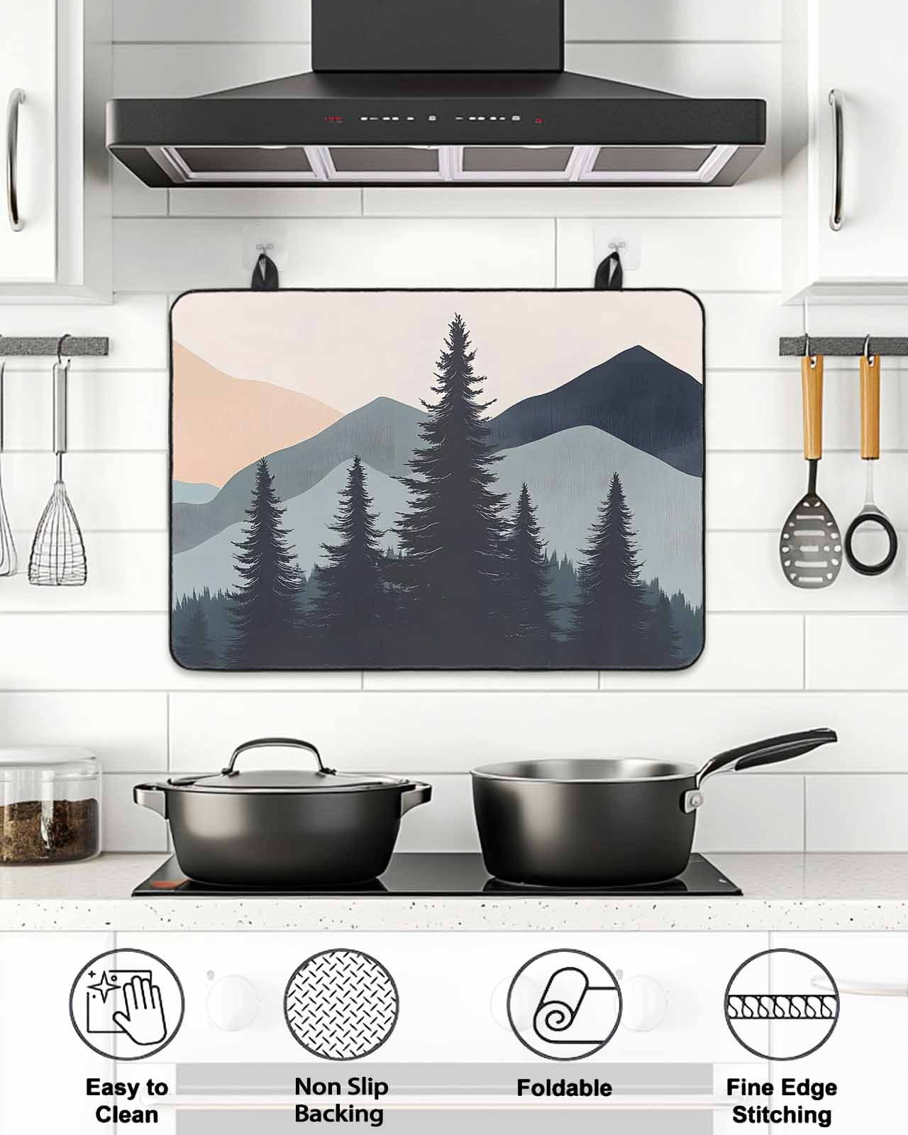 Stove Top Covers for Electric Stove 31x24 Inches, Mountain Forest Heat Insulation Fireproof Glass Cooktop Protector, Nature Tree Scenery Watercolor Pink Blue Countertop Stovetop Cover for Kitchen