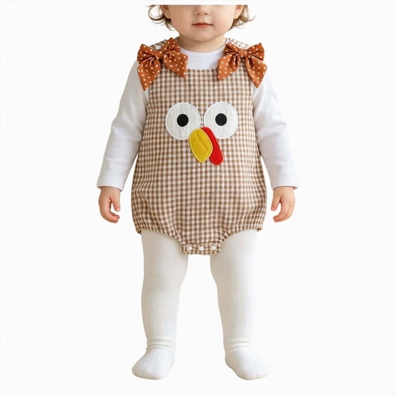 mgoYE Newborn Baby Boy Girl Thanksgiving Outfit Turkey Sleeveless Smocked Bubble Romper Plaid Bodysuit Fall Clothes