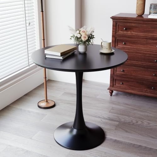 Black Modern Round Dining Table, 24 Inch MDF Top, Metal Base