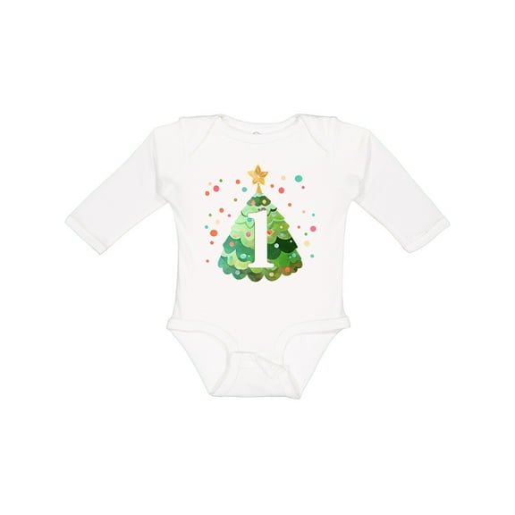 Inktastic 1st Birthday Green Christmas Tree with Yellow Star Boys or Girls Long Sleeve Baby Bodysuit