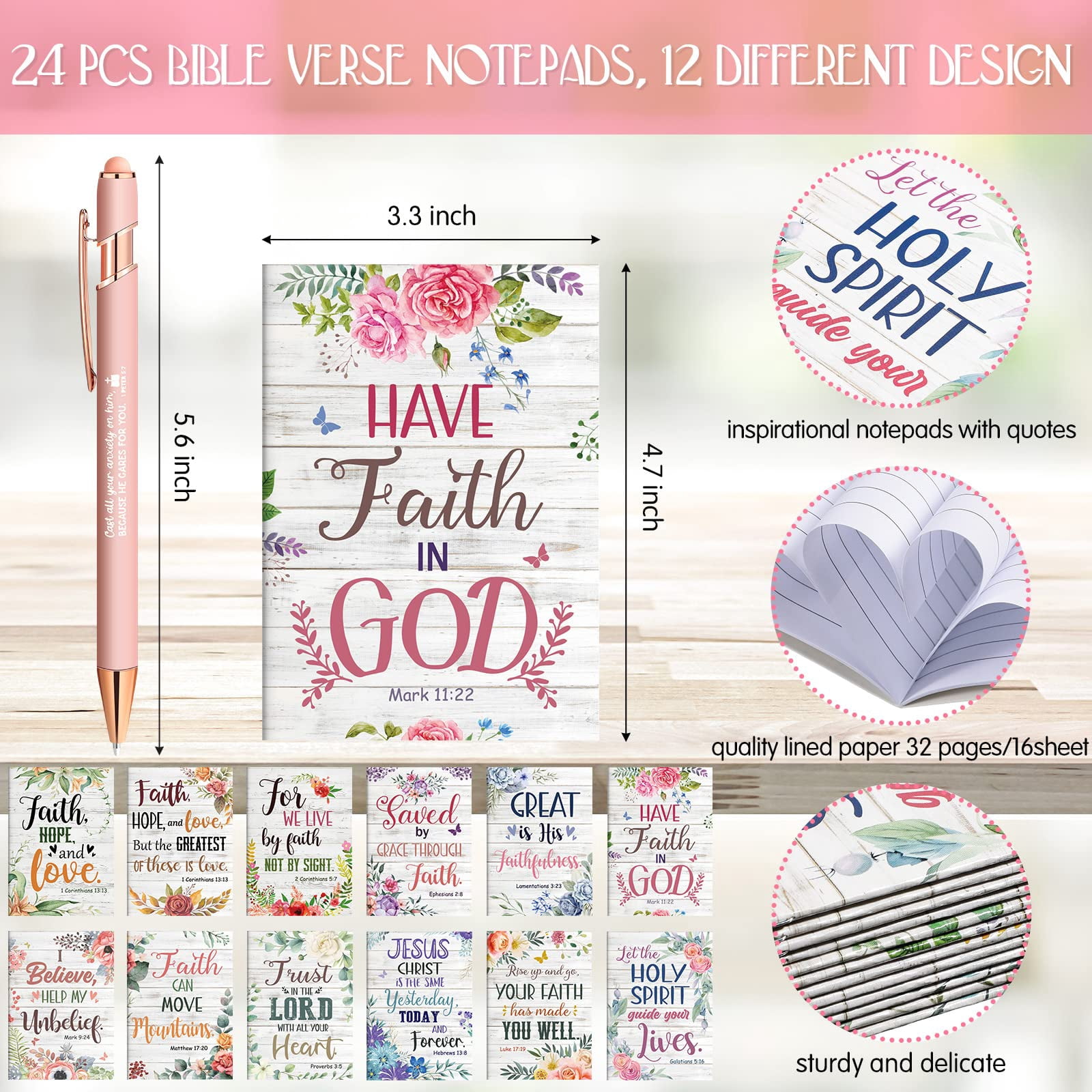 48 Pens Notepads Gifts For Mother's Day Set Ballpoint Pen Notebook Inspirational Quotes Journal Women Motivational Gift (flower)