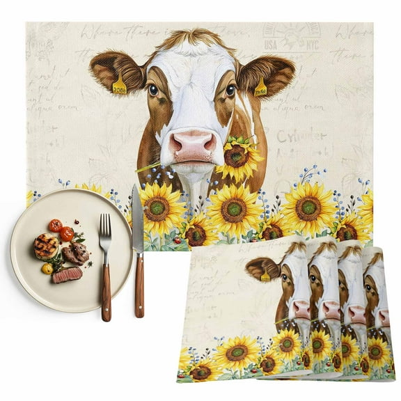 Placemats Set of 6, Sunflower Cow Place Mats Vintage Text Farm Animal Tablemats Washable Placemat Table Decoration for Kitchen Table Dinner Party Home Decor Indoor Outdoor 13x19 Inch