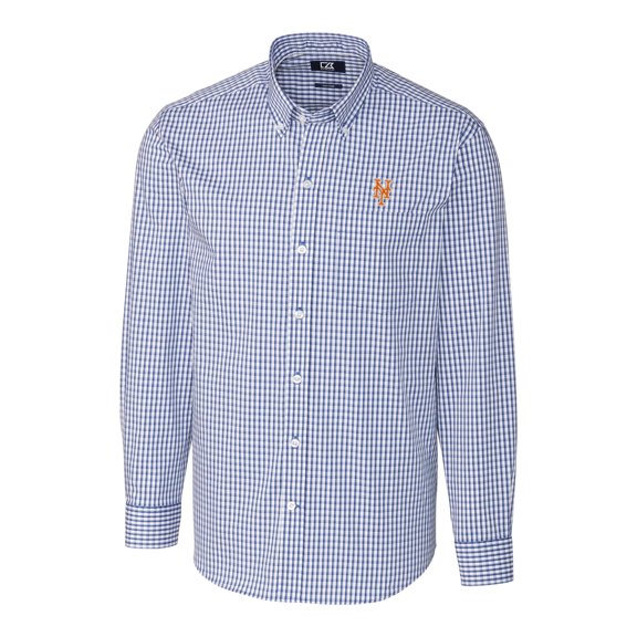 Men's Cutter & Buck Royal New York Mets Big & Tall Stretch Gingham Long Sleeve Button-Down Shirt