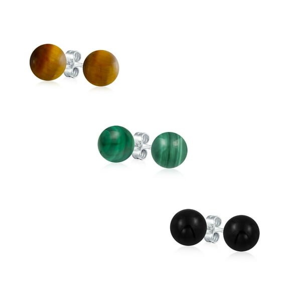 Bling Jewelry Womens Classic 6MM Gemstone Tiger Eye Malachite Onyx Drop Ball Earrings Sterling Silver