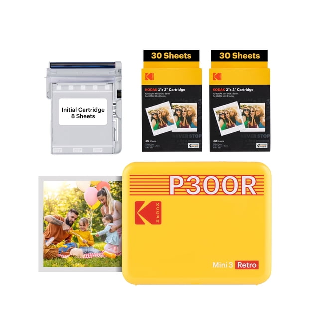 KODAK Mini 3 Retro 4PASS Impresora de Fotos Portátil (7,6x7,6cm) + Pack con 68 Hojas, Amarillo