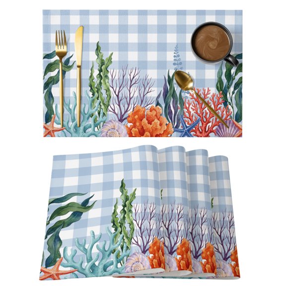Summer Coral Reef Placemats Set of 2, Coastal Nautical Orange Green Ocean Blue Gingham Non-Slip Place Mats Washable Table Mats for Kitchen Dining Table Decorations Indoor/Outdoor