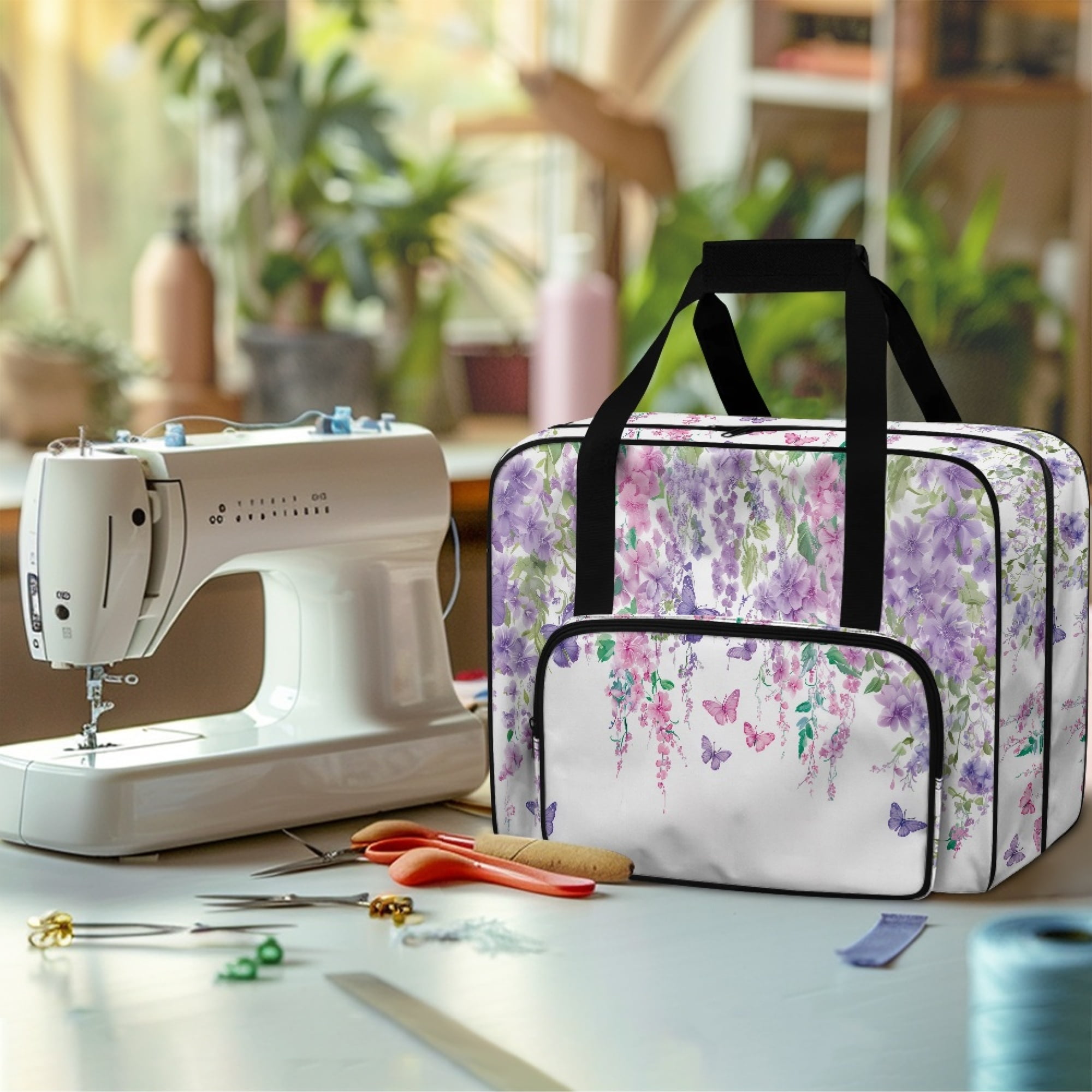 ZIATUBLE Butterfly Sewing Machine Travel Case Floral Carrying Travel Storage Universal Organizer Bag with Zipper Sewing Machine Accessory Organizer Fits Most Sewing Machines
