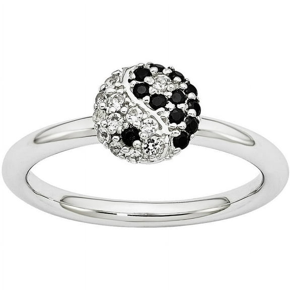 White Topaz and Onyx Sterling Silver Rhodium Ring