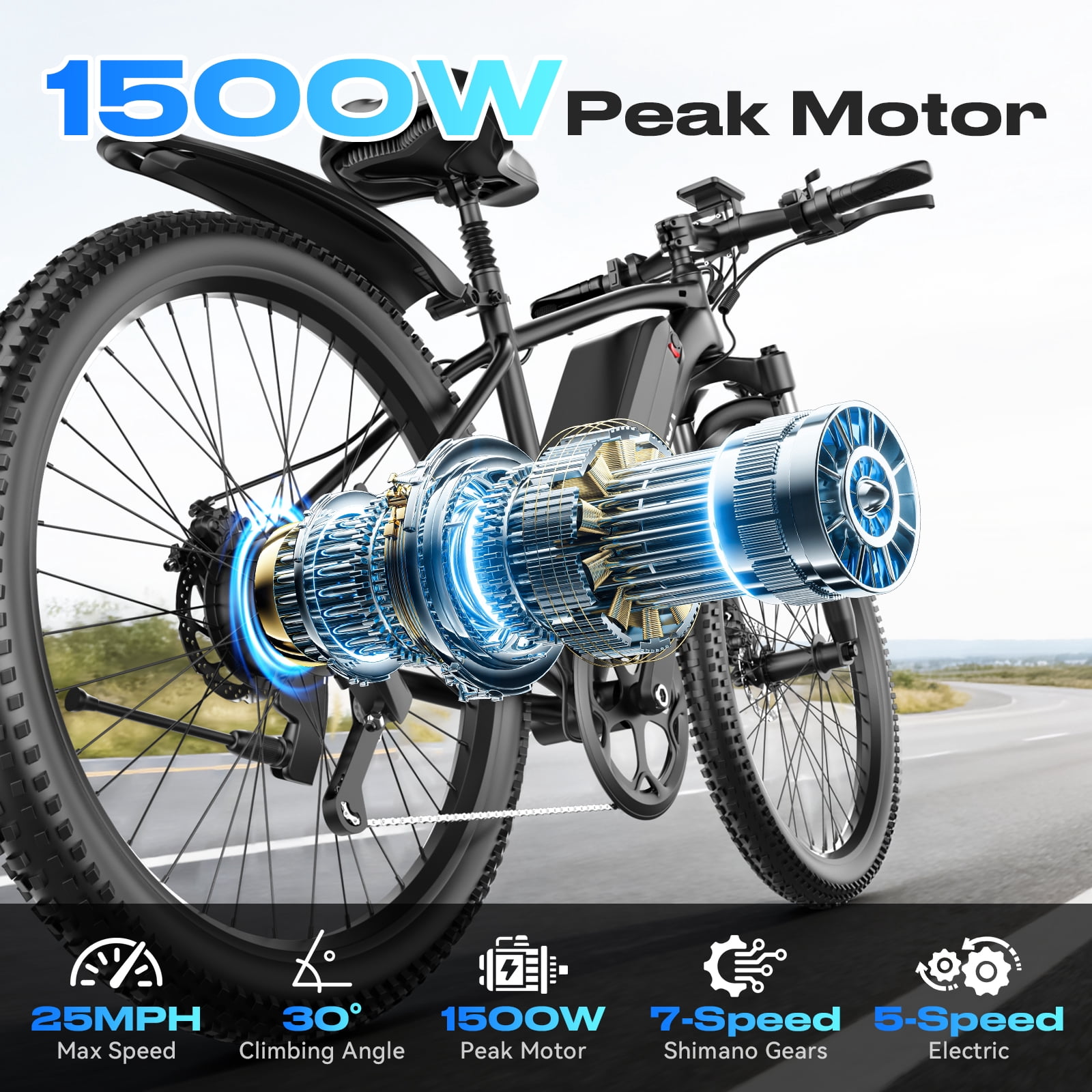 Electric Bike for Adults，1000W Electric Mountain Ebike，25MPH 40Miles,Electric Dirt Bike, 7-Speed, 26" Tires,Removable Battery, Shock Absorber, Commuter E-Bike
