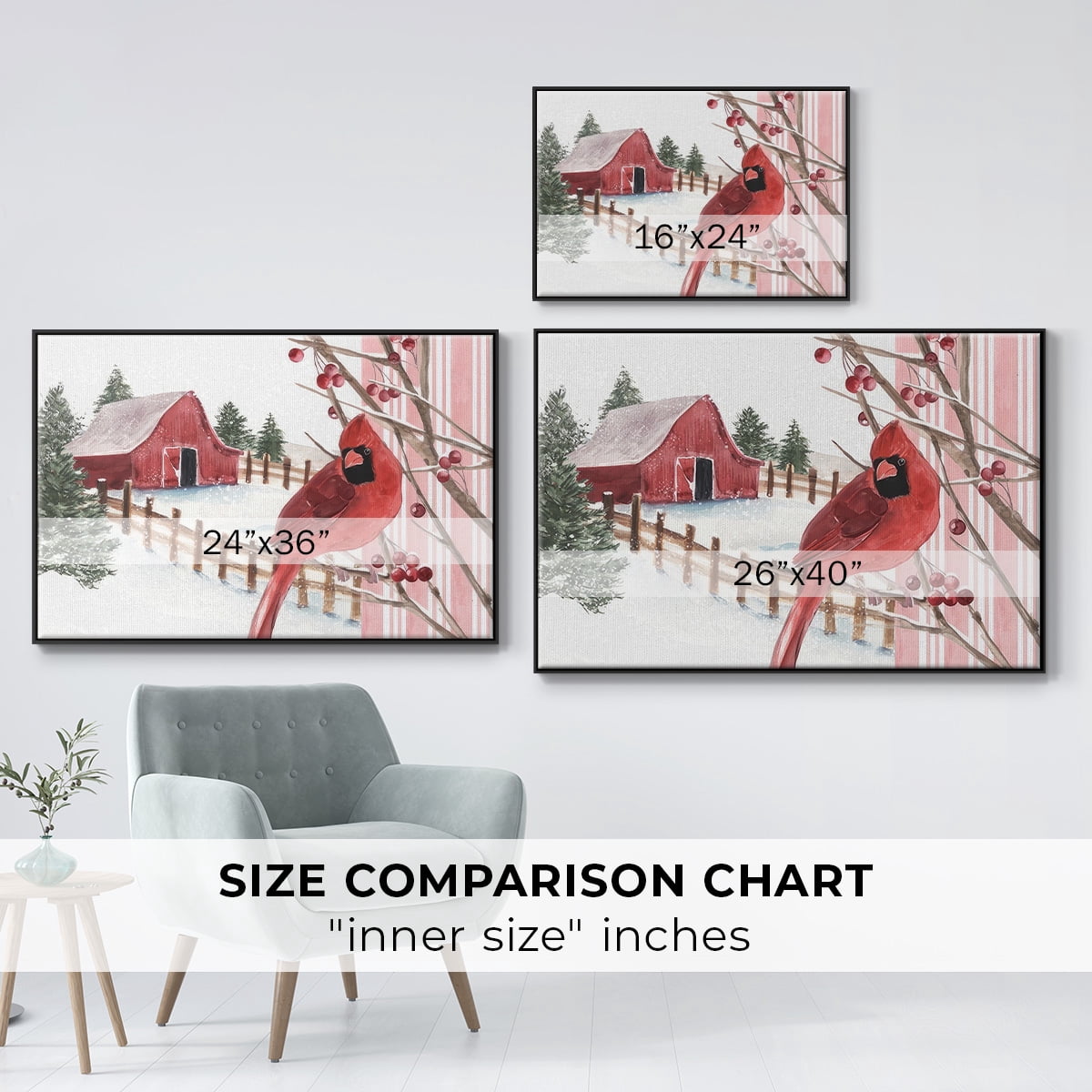 Winter Cardinal Collection A - Framed Gallery Wrapped Holiday Canvas - 27 x 41 - Black Frame