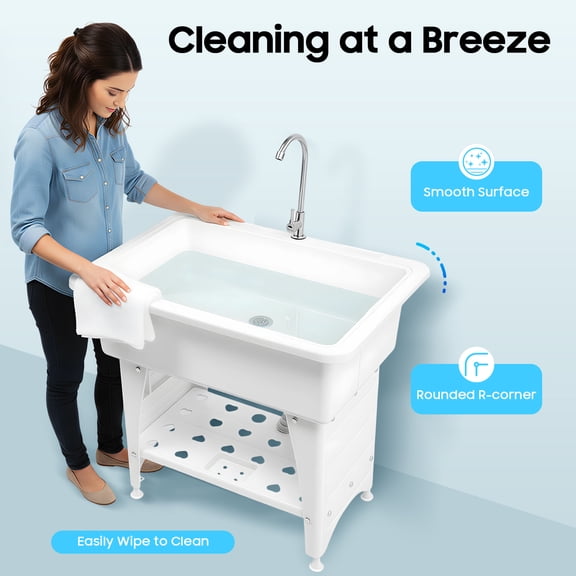White Utility Sink Laundry Tub Freestanding Laundry Sink With Drainboard Faucet
