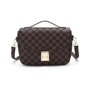 Miss Checker Womens Brown Checkered Tote Shoulder Bag Purse With Inner Pouch - PU Vegan Leather Shoulder Satchel Fashion Bags