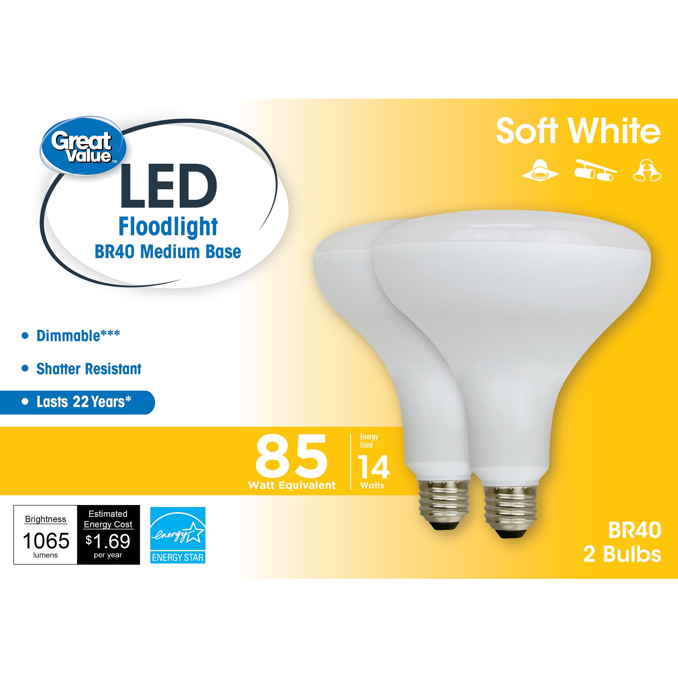 Value LED Light Bulb, (85W Equivalent) BR40 Floodlight Lamp Medium Base, Dimmable, Soft White, 2-Pack Walmart.com