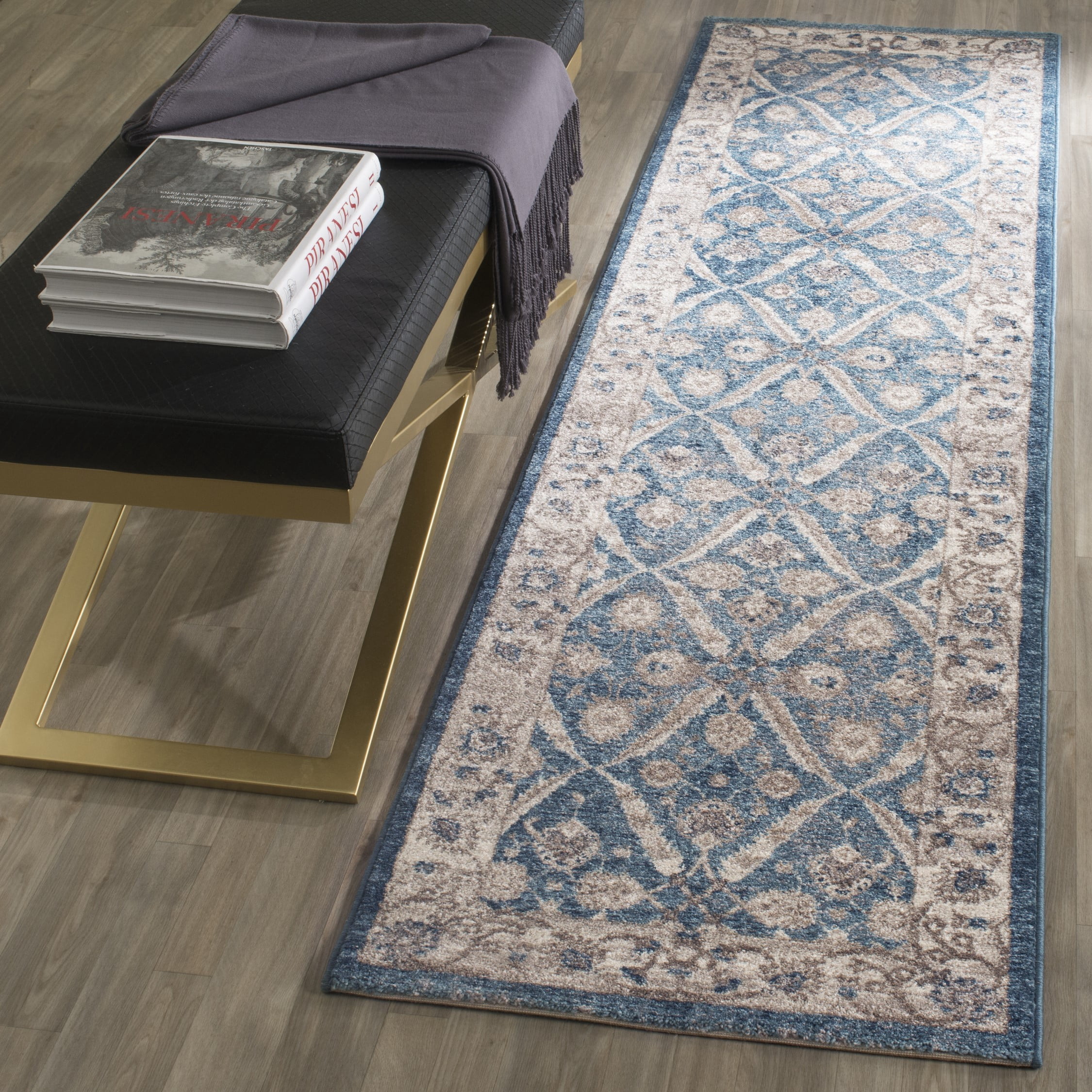 SAFAVIEH Sofia Jerrod Floral Bordered Runner Rug, Blue/Beige, 2'2" x 12'