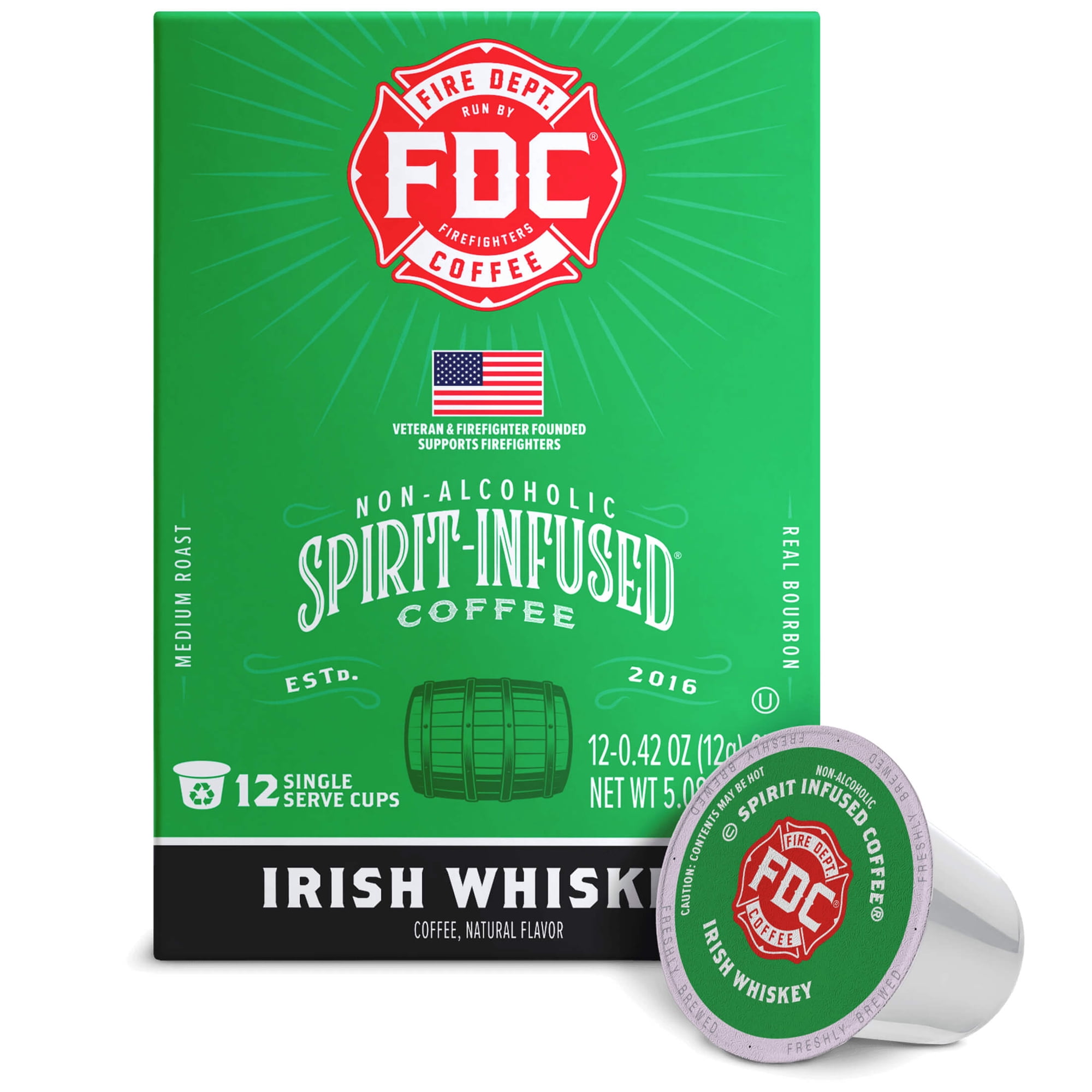 Fire Department Coffee Irish Whiskey Infused Medium Roast Premium K-Cup Coffee Pods, 12 Pack