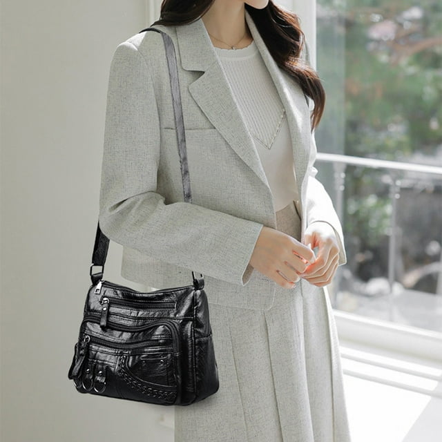 Women Soft Washed Leather Shoulder Bag Multi-Zip Spacious Large Capacity Handbag For Daily Use Travel Work Shopping Necessity