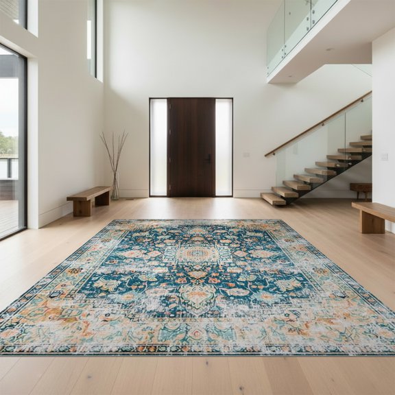 Design&I 8'x10' Washable Area Rug Vintage Front Distressed Scrollwork Border Door Entrance Throw for King Size Bedroom, Under Bed, Sleek Flatweave Pet Friendly