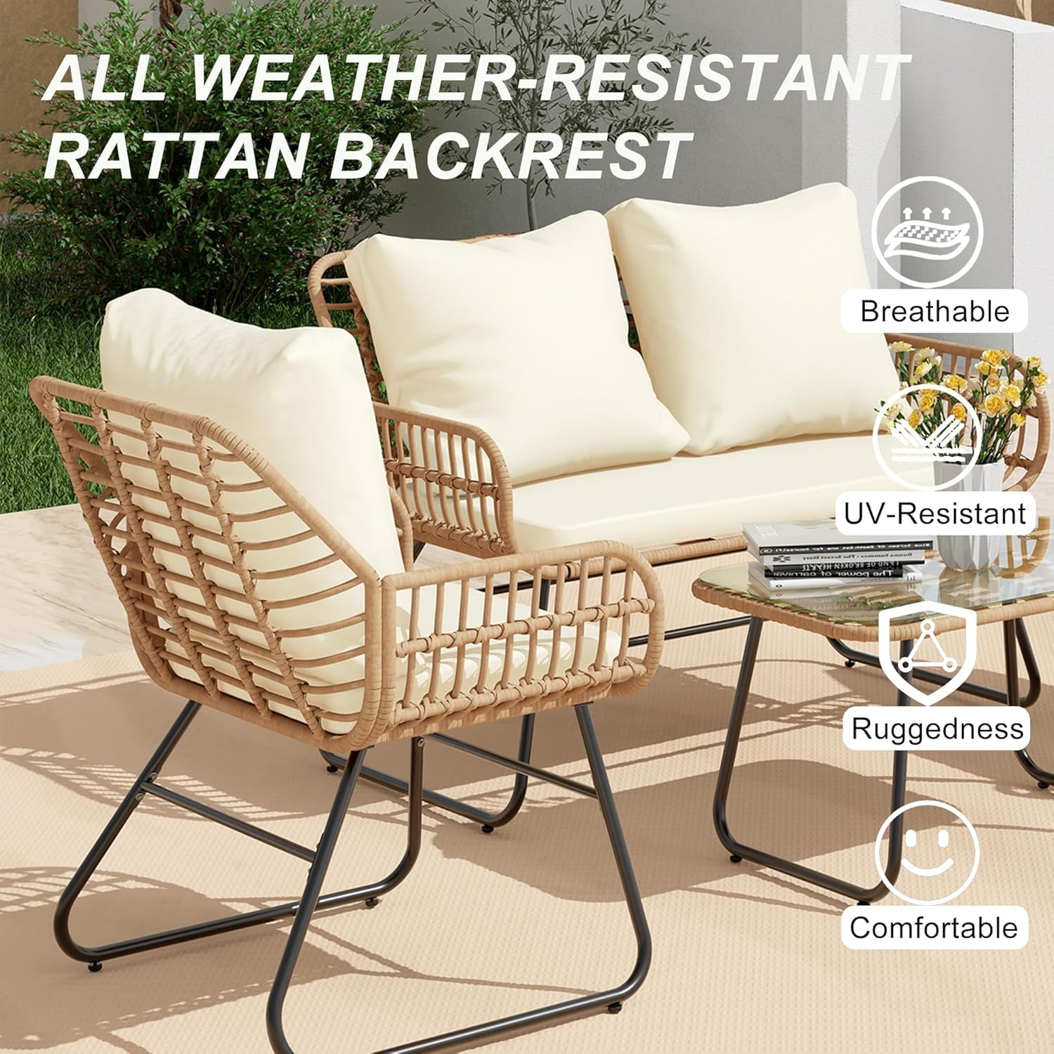 LHBcraft 4-Piece Outdoor Patio Furniture Set - All-Weather Wicker Conversation Set with Cushions & Tempered Glass Table