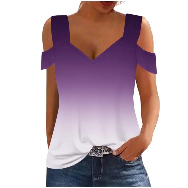 Plebaso Cold Shoulder Womens Gradient Tops V Neck Short Sleeve Blouses Loose Basic Tees Summer Casual Shirts