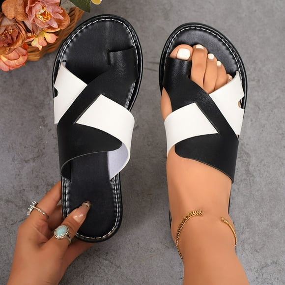 HaiMao Sandales Plates à Bout Ouvert pour Femmes à Blocs de Couleur Croisées Bicolores Blanches 7.5(40)