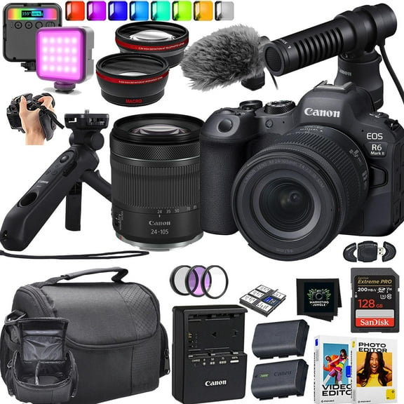 Canon EOS R6 Mark II Mirrorless   Canon RF 24-105mm f/4-7.1 is STM Lens   Canon HG-100TBR Tripod Grip   Canon DM-E100 Directional Microphone   More (18pc Bundle)