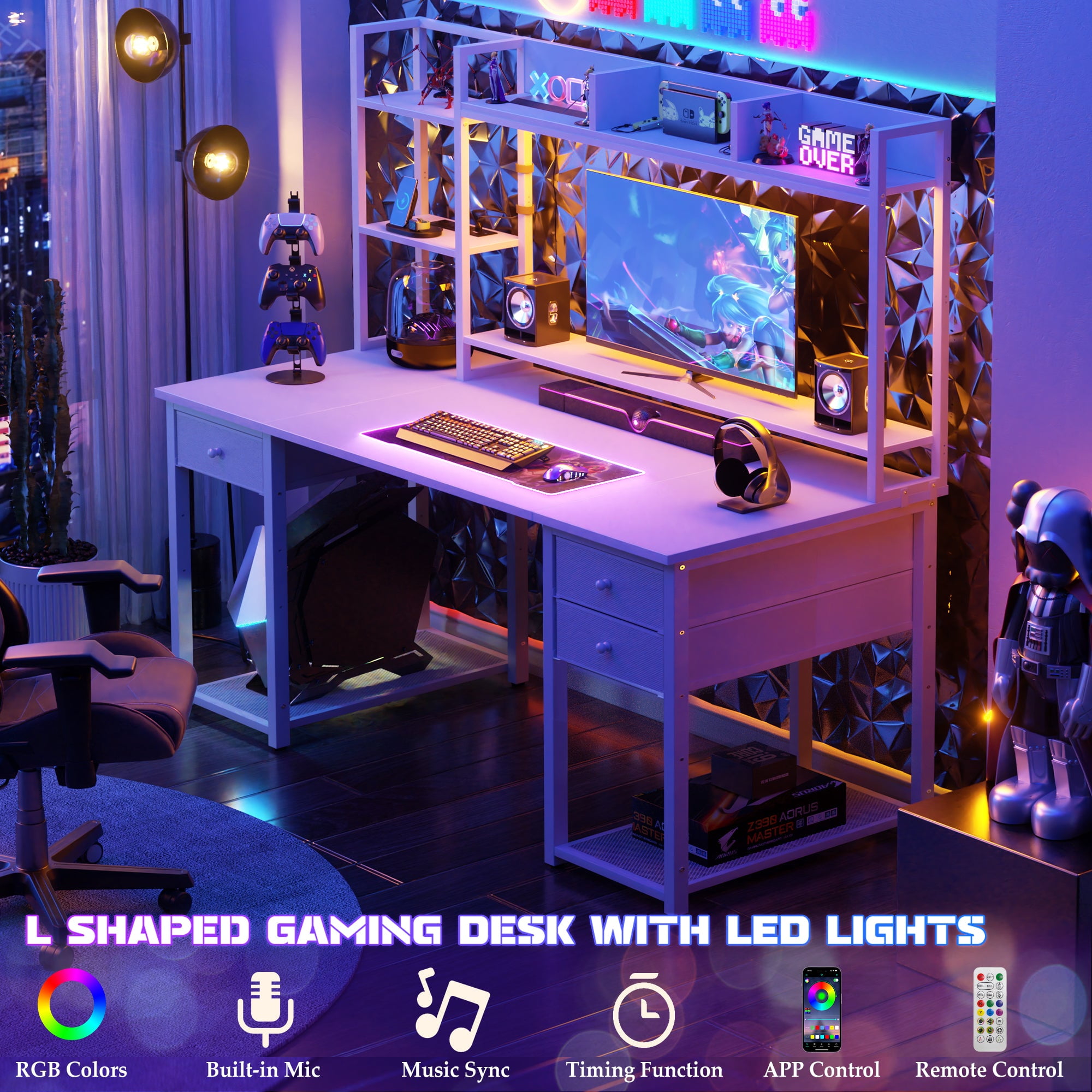 iSunirm Desk with LED Light and Power Outlet, 47.2'' Gaming Desk with Hutch, Reversible Computer Desk with Drawers, and Storage Bookshelf, Large Workstation Desk, for Home & Office, White